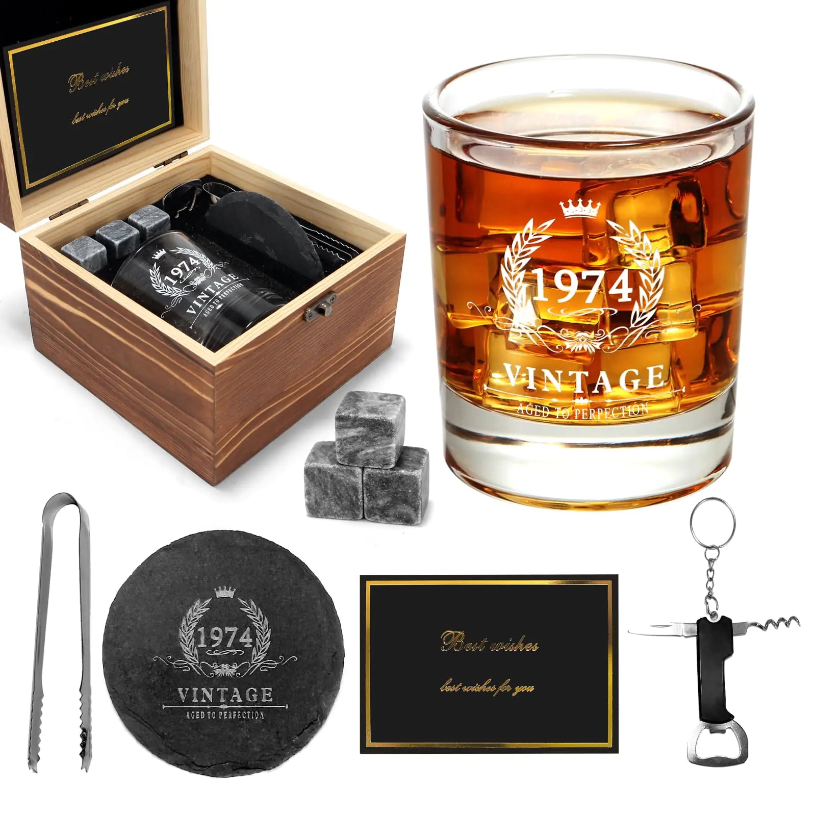 Rlecotya Birthday Gifts for Men Vintage 1975 Whiskey Glass Set 11oz Old Fashioned WoodSlate Coasters Whiskey Stones Ice Clamp & More