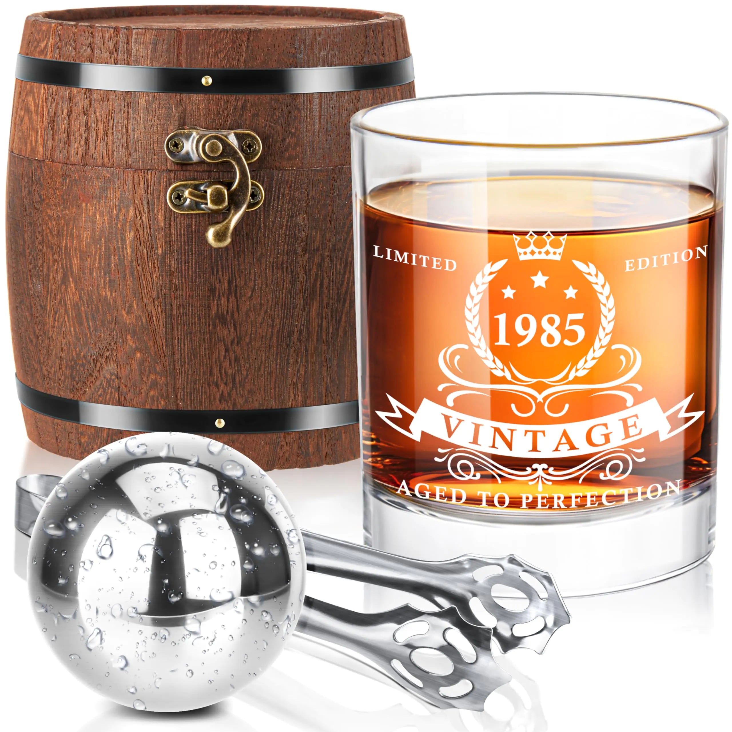 LIGHTEN LIFE Birthday Gifts for Men 1985 Whiskey Glass Set in Barrel