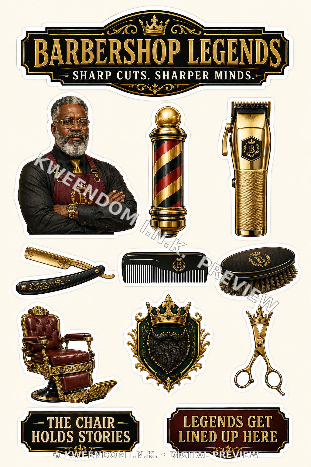 Barbershop Legends digital sticker sheet preview by Kweendom I.N.K.