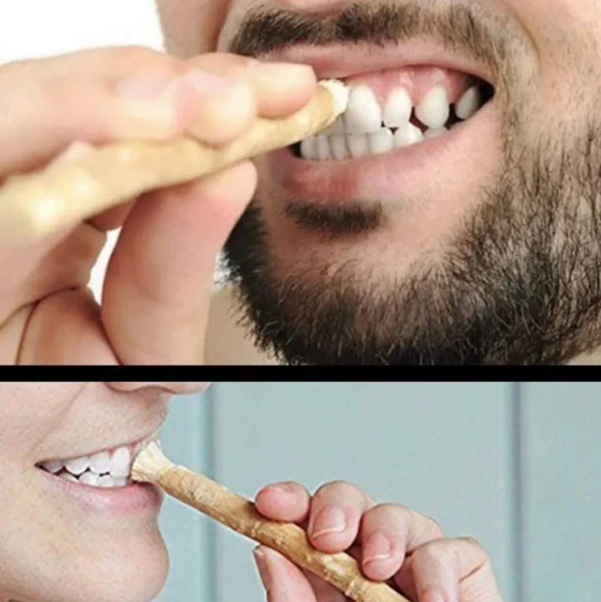 Person using Miswak Tooth Cleaning Stick for effective teeth cleaning and oral care.
