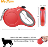 Retractable Dog Leash with Dispenser and Poop Bags, 16 Ft Pet Walking Leash for Medium Dog or Cat up to 44 Lbs, Anti-Slip Handle, Tangle Free, Reflective Nylon Tape (M, Red)