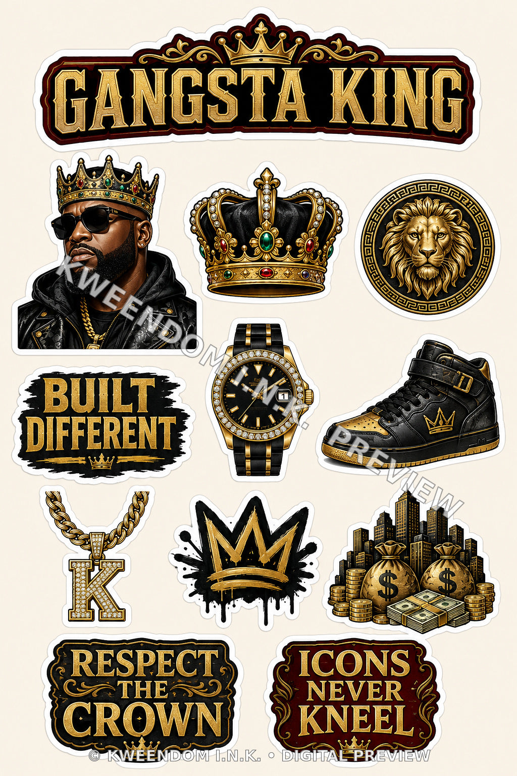 Gangsta King digital sticker sheet preview by Kweendom I.N.K.