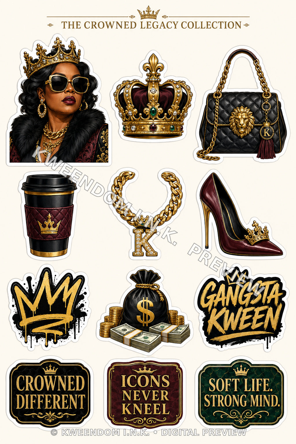 Gangsta Kween digital sticker sheet preview by Kweendom I.N.K.