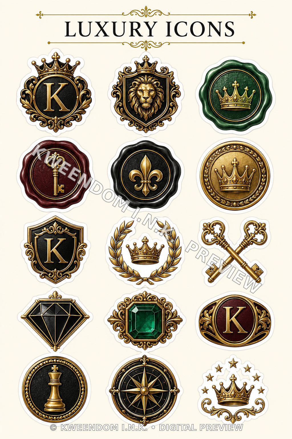 Luxury Icons digital sticker sheet preview by Kweendom I.N.K.