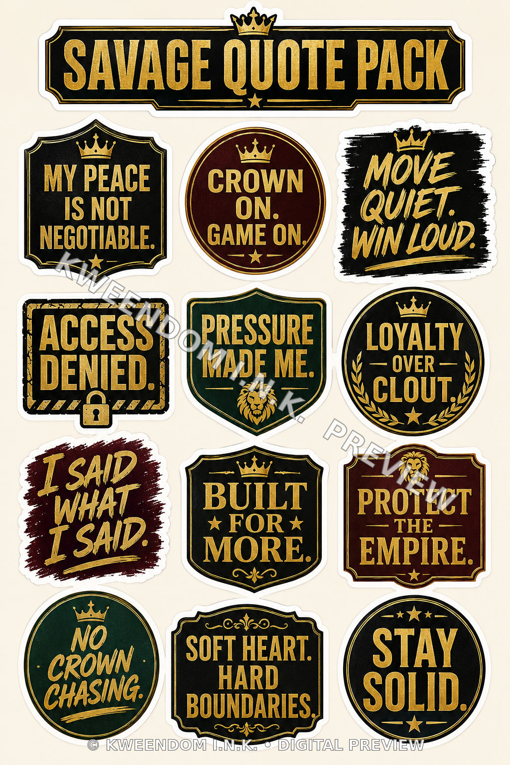 Savage Quote Pack digital sticker sheet preview by Kweendom I.N.K.