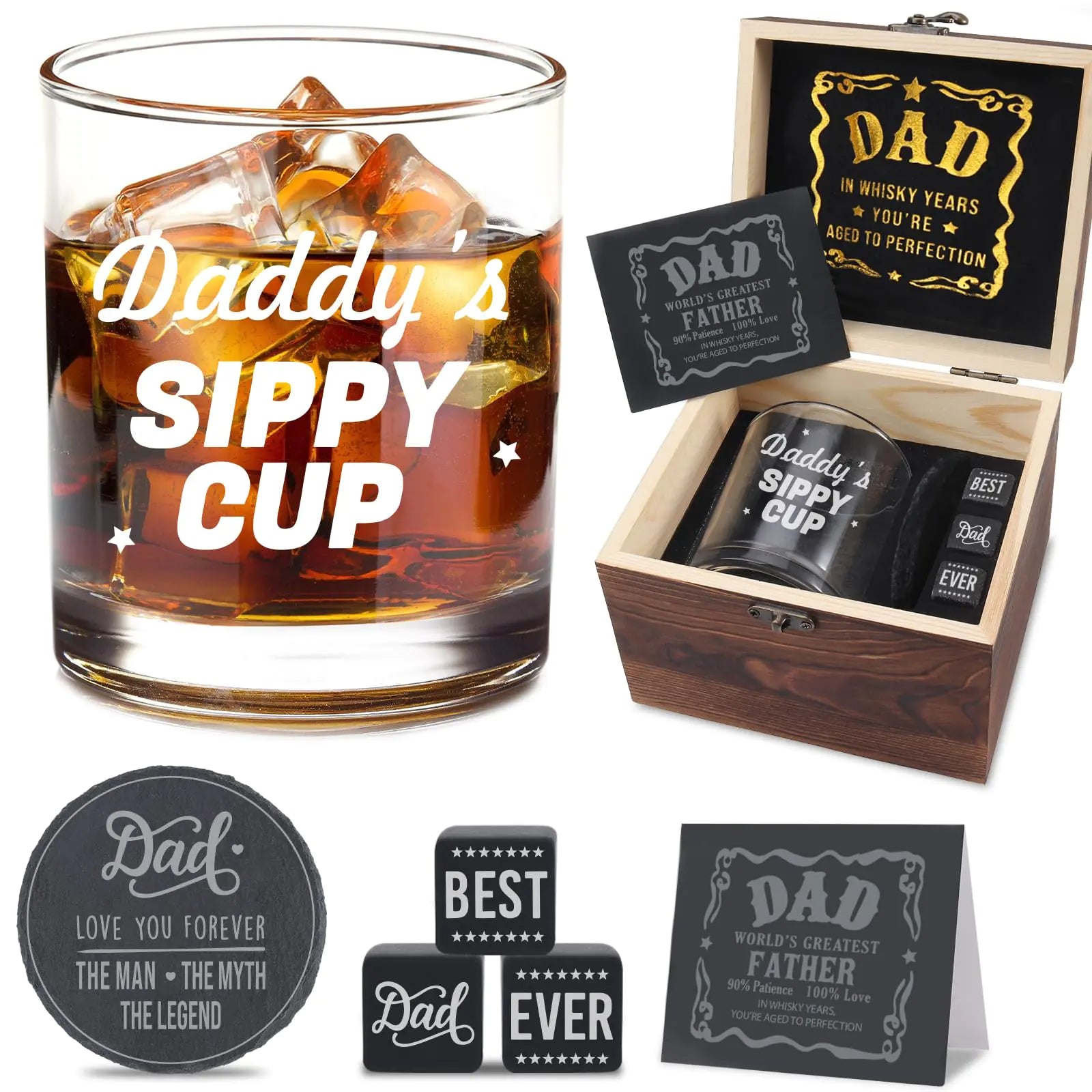 Whiskey Glass Gifts for Dad. Christmas First Time Dad Gift for Him Funny Gag Gift Daddys Sippy Cup Whiskey Stones & Wooden Box. Great for Birthday Fathers Day or just because